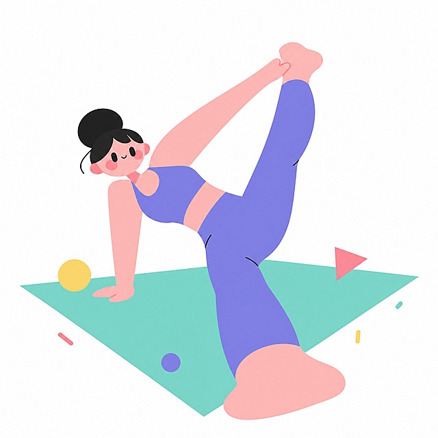 超简约插画风格Q版一头身年轻女性普拉提，抽象概括线条，大透视角度，夸张的人物比例，强烈视觉张力，点线面构成，运动穿搭简洁，身穿运动内衣和瑜伽裤，在瑜伽垫上做普拉提动作，姿势舒展优美，用几何形状和色块概括人物，白色背景，矢量风格，色彩丰富明快，概括细节，平面插画，全身像