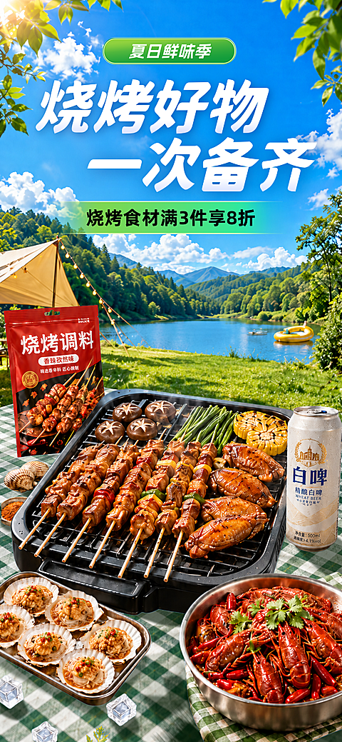 夏日烧烤季节烧烤食材优惠大促销手机全屏竖版海报