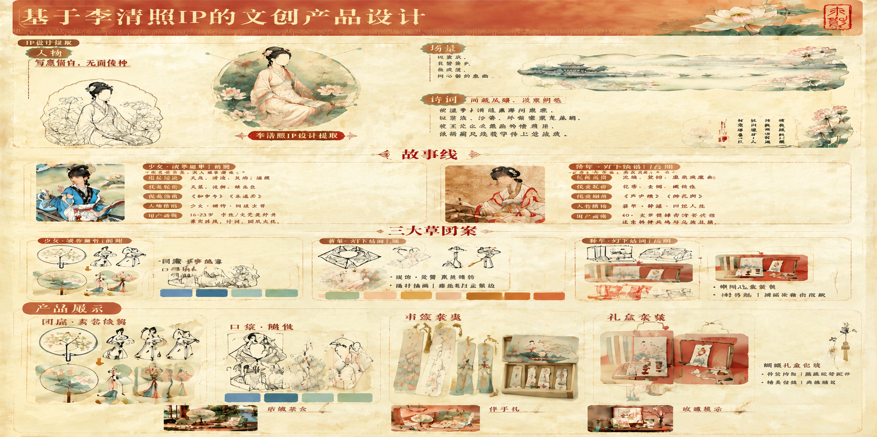 基于当前李清照IP文创产品设计展板进行修改：将「产品展示」模块… - 图片创意预览