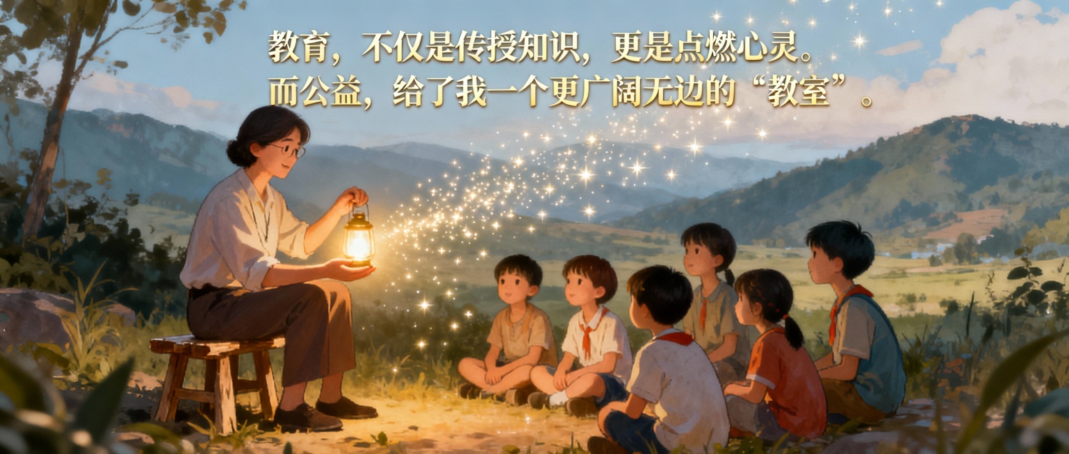 教育，不仅是传授知识，更是点燃心灵。而公益，给了我一个更广阔无边的“教室”。

根据上述文字的意思，生成比例尺寸为2.35:1，符合内容的公众号首图。预览效果