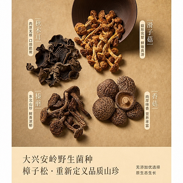 参考原图的版式、构图、背景风格和排版方式，将图中的菌菇商品替换为四种山珍菌菇：秋木耳、滑子菇、榛蘑、香菇。保持原图的俯视平铺静物摄影风格，暖米色纹理背景，顶部深色陶碗，四种菌菇分别摆放在画面的左上、右上、左下、右下四个位置，每种菌菇旁边配有竖排标签文字。

具体替换：
- 左上位置：替换为秋木耳（黑褐色、耳状褶皱的干木耳），竖排标签文字为「秋木耳」，右侧小字「肉厚无根 口感脆嫩」
- 右上位置：替换为滑子菇（黄褐色、伞形小蘑菇干），竖排标签文字为「滑子菇」，右侧小字「菇形完整 鲜嫩爽滑」
- 左下位置：替换为榛蘑（棕褐色、干制榛蘑菌菇），竖排标签文字为「榛蘑」，右侧小字「东北山珍 鲜香浓郁」
- 右下位置：替换为香菇（深褐色、伞形干香菇），竖排标签文字为「香菇」，右侧小字「肉厚味香 营养丰富」

顶部陶碗中盛放滑子菇干。

底部文案区域替换为：
- 左侧大标题两行：「大兴安岭野生菌种」「樟子松·重新定义品质山珍」
- 右侧小字两行：「无添加优选择」「原生态生长」

保持原图的暖色调光影、自然柔光、俯视角度、静物摄影质感，整体风格与原图完全一致，仅替换菌菇种类和文字内容。