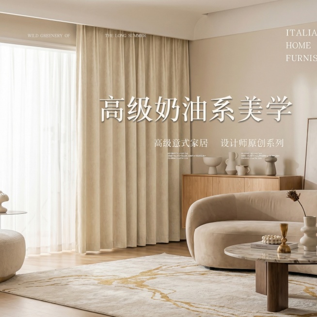 不改变窗帘的面料材质，切换不同的家装场景（最好是现代风奶油风），改变角度，保留文字，一次生成4张；预览效果