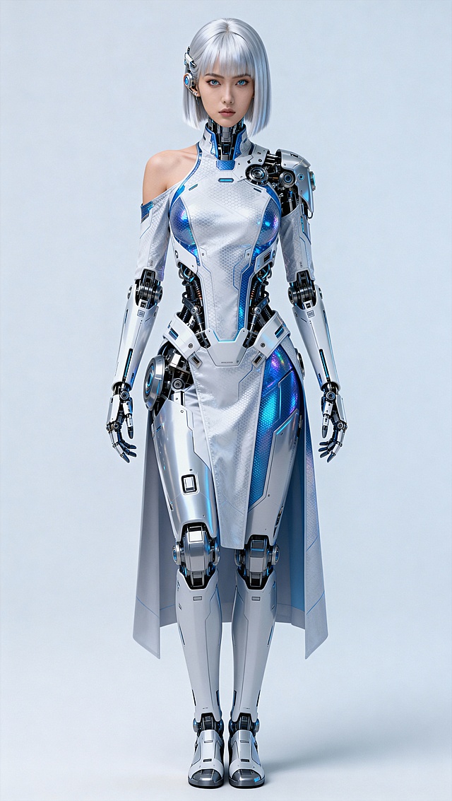 将参考图中人物扩展至完整全身照，且是双脚并拢直立站姿，其他保持不变