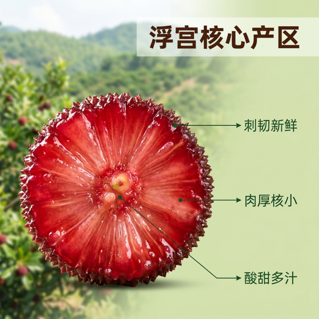 [主图 2] 漳州浮宫杨梅核心产区卖点展示图。
[氛围风格] 自然原产地氛围，真实清新简洁；
[画质] 商业摄影质感、光线柔和通透、产品清晰真实、画面干净高级，文字占比<30%。
[元素] 画面中心是预览效果