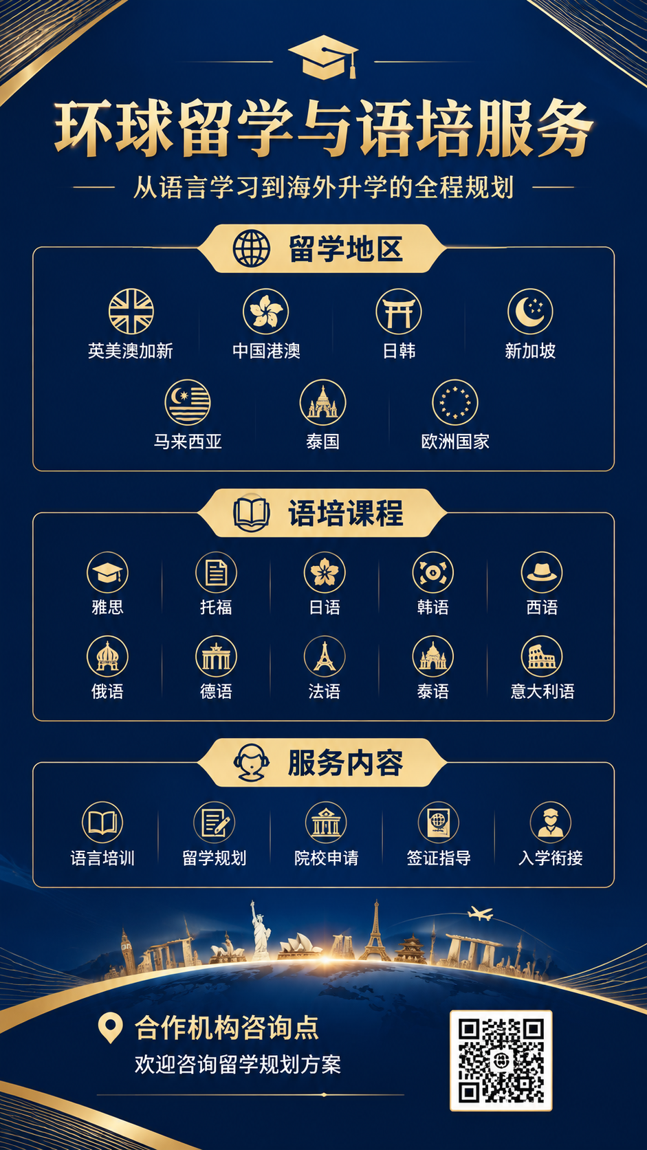 一张教育咨询宣传海报，竖版9:16比例，深蓝色与金色配色，专业… - 图片创意预览