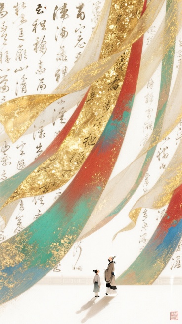 一个小小的夫子，旁边是一个学生。金色纱幔，写满毛笔字，神秘氛围，巨大的纱幔飞舞飘逸，强烈的立体感，渐变，白色，梦幻，意境。仰视，宏大场面，红绿蓝金预览效果