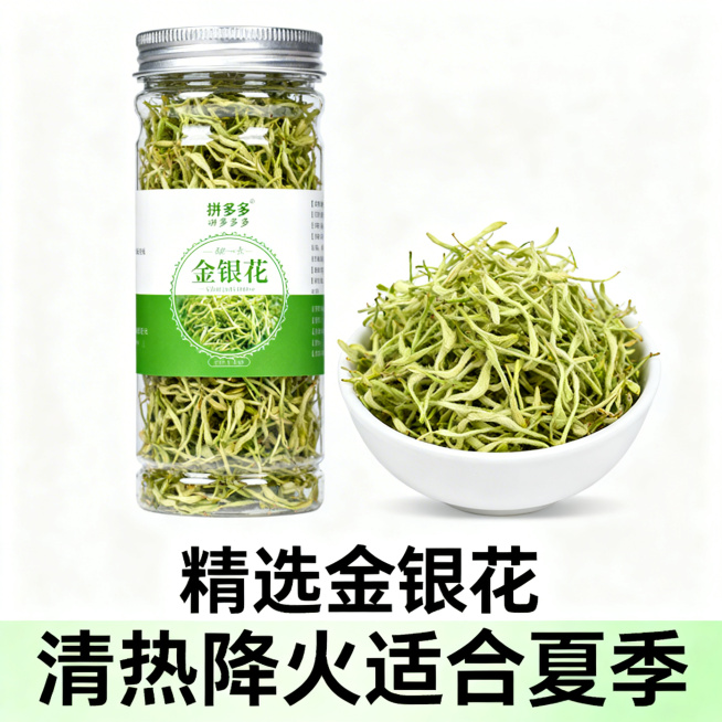 拼多多正方形商品主图，展示罐装金银花单品，瓶装包装搭配白碗盛出的金银花干货，原色自然清新，文字“精选金银花 清热降火适合夏季”，干净白底，尺寸比例1:1，符合拼多多商品主图风格，文件大小不超过3M预览效果