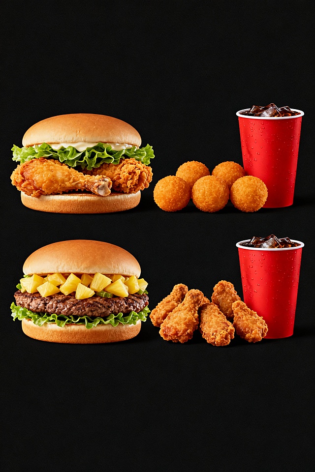 为长80cm，宽120cm。上面的套餐内容为：中间夹着鸡肉和生菜的鸡腿汉堡，加5个地瓜丸，在加一杯红色纸杯的可乐；下面套餐内容为：中间夹着牛肉，生菜和菠萝粒的牛肉汉堡，加6块黑椒鸡块，再加一杯红色纸杯的可乐。海报整体颜色为黑色，简单明了。