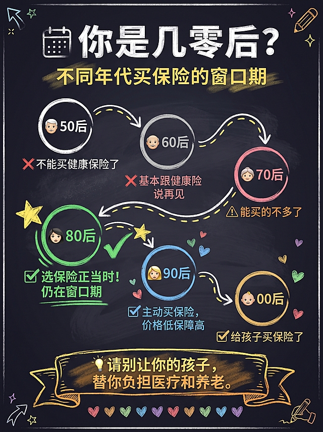小红书黑板课堂风信息图，3:4竖版，流程图/时间线布局。背景是黑色黑板质感背景，颜色为深黑#1A1A2E，带有隐约粉笔灰纹理。顶部标题是彩色粉笔大字，主标题："📅 你是几零后？"为白色粉笔大字，副标题："不同年代买保险的窗口期"是黄色粉笔小字，都带有涂抹纹理。黑板中间主体是彩色粉笔画的S形年代时间线，每站用圆形粉笔圈加年代标签加箭头连接：
1. 50后（白色粉笔圈）：文字"👨‍🦳 50后"，下方红色粉笔划掉写"❌ 不能买健康保险了"
2. 60后（浅灰粉笔圈）：文字"👴 60后"，下方红色粉笔写"❌ 基本跟健康险说再见"
3. 70后（粉色粉笔圈）：文字"👵 70后"，下方橙色粉笔写"⚠️ 能买的不多了"
4. 80后（绿色粉笔圈，粗线条加粗+打星标记⭐）：文字"👩 80后"，下方绿色粉笔粗体写"✅ 选保险正当时！仍在窗口期"
5. 90后（蓝色粉笔圈）：文字"👱‍♀️ 90后"，下方蓝色粉笔写"✅ 主动买保险，价格低保障高"
6. 00后（金色粉笔圈）：文字"👶 00后"，下方金色粉笔写"✅ 给孩子买保险了"
连接线使用白色/黄色虚线箭头，波浪形。80后旁边画一个大的绿色勾✅和一颗星星⭐，90后和00后旁边画小爱心❤️。底部金句区使用黄色/橙色粉笔做成横幅条幅样式，文字"💡 请别让你的孩子，替你负担医疗和养老。"，粉笔字带有涂抹和粉尘质感，底部画一排彩色小爱心❤️。角落装饰有粉笔画的箭头↗️、小星星✨、小手写✏️。
配色：
背景：黑板深黑#1A1A2E带粉笔灰质感
粉笔白色#F5F5F5，粉笔黄色#FFE066，粉笔绿色#69DB7C，粉笔蓝色#74C0FC，粉笔红色#FF8787，粉笔金色#FFD43B，粉笔粉色#F783AC
要求：3:4小红书竖版，无额外文字、无logo、无二维码、无真人照片