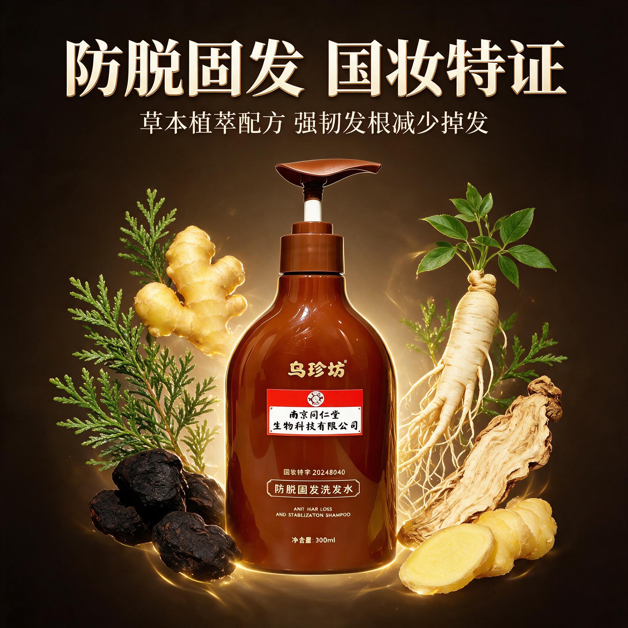 电商主图，南京同仁堂乌珍坊防脱固发洗发水，瓶身完整清晰，正面居… - 图片创意预览