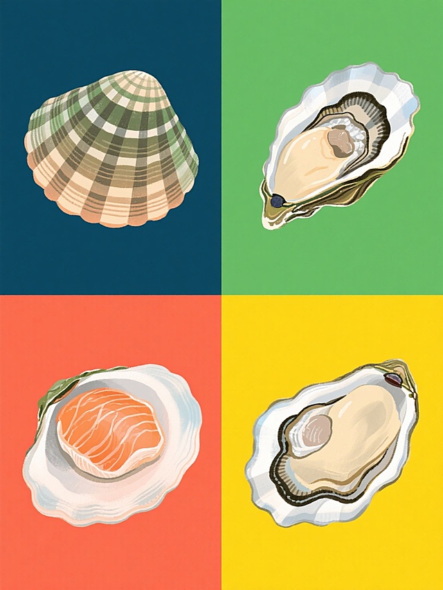 四个不同海鲜贝类的插画，保持手绘质感、细腻线条和渐变色彩，每个贝类有独特的壳纹和肉质纹理，分别以深蓝、翠绿、橙红、明黄为纯色背景，整体呈2x2网格规整排布，风格统一，突出食材新鲜感