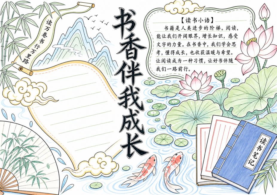 将这幅书香伴我成长手抄报改为白底手绘简笔画风格，保留所有元素、排版和文字，简化色彩，线条干净清晰，保持白底底色预览效果