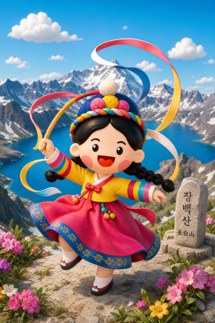 这个朝鲜族小姑娘穿着传统服饰，在长白山风景里跳象帽舞，3D黏土可爱风格，色彩明亮，A4尺寸预览效果