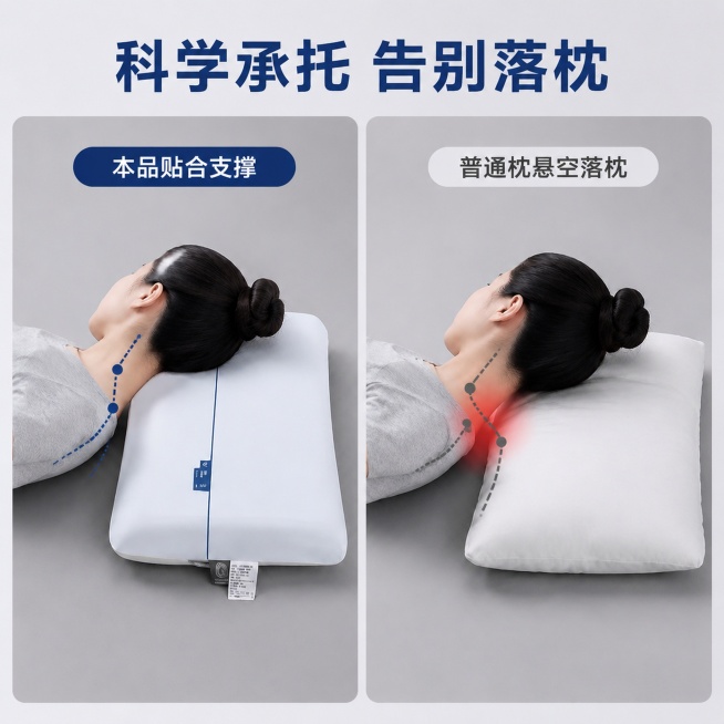 [主图-6] 深睡枕承托对比，对比普通枕与本品支撑效果。左图本品 右图普通枕，本屏使用【https://gd-ai-fts.dancf.com/37096537910140008/presigned/预览效果