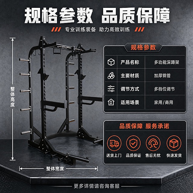 [主图-5] 规格参数与品质保障图，展示产品整体尺寸规格和售后保障信息，帮助用户完成下单决策。
[统一基调] 整体风格为硬朗工业风专业器械海报，背景主色为深灰渐变搭配金属质感台面，标题字色为亮白色，辅助字色为银灰色，强调色为橙红色，字体为粗黑无衬线体，字号层级分明，卡片为深灰底银边直角样式，整体高信息密度满版排布。
[画面] 产品为黑色多功能深蹲架，保持原图外观一致，主体位于画面左侧，正面视角，占画面约50%。产品上有白色尺寸线标注整体高度和宽度（示意性尺寸线，不标具体数值）。右侧为参数信息区，上方是规格参数表，下方是品质保障和服务承诺图标区。背景为浅灰色工业风背景，底部有深色台面承托。
[光影质感] 商业棚拍质感，光线均匀柔和，产品轮廓清晰，尺寸线精准对齐，整体干净利落，信息一目了然。
[配色] 浅灰背景，黑色产品，白色尺寸线，深灰参数卡片，白色文字，橙红色强调标题和图标，整体清晰专业。
[文字版式] 顶部主标题"规格参数 品质保障"粗白大字，左侧产品有高度和宽度两条尺寸线，线端箭头标注。右侧上半部参数表：项目包括"产品名称"、"主要材质"、"调节方式"、"适用场景"，对应内容为"多功能深蹲架"、"加厚钢管"、"多档位调节"、"家用/商用"，表格为深灰底白字横线分隔。右侧下半部4个服务保障图标横排："送货上门"、"品质保证"、"售后无忧"、"快速发货"，每个图标为橙红色图形+白色文字说明。底部通栏一行小字："更多详情请咨询客服"银灰色。文字排版整齐，信息层级清晰。
[输出要求] 1:1正方形，2048x2048，文字清晰锐利，参数表整齐易读，产品尺寸线标注合理，无变形、错字、模糊、杂乱、水印、平台Logo。禁止标注虚假具体尺寸数值或虚假承重量，参数内容需符合产品实际。