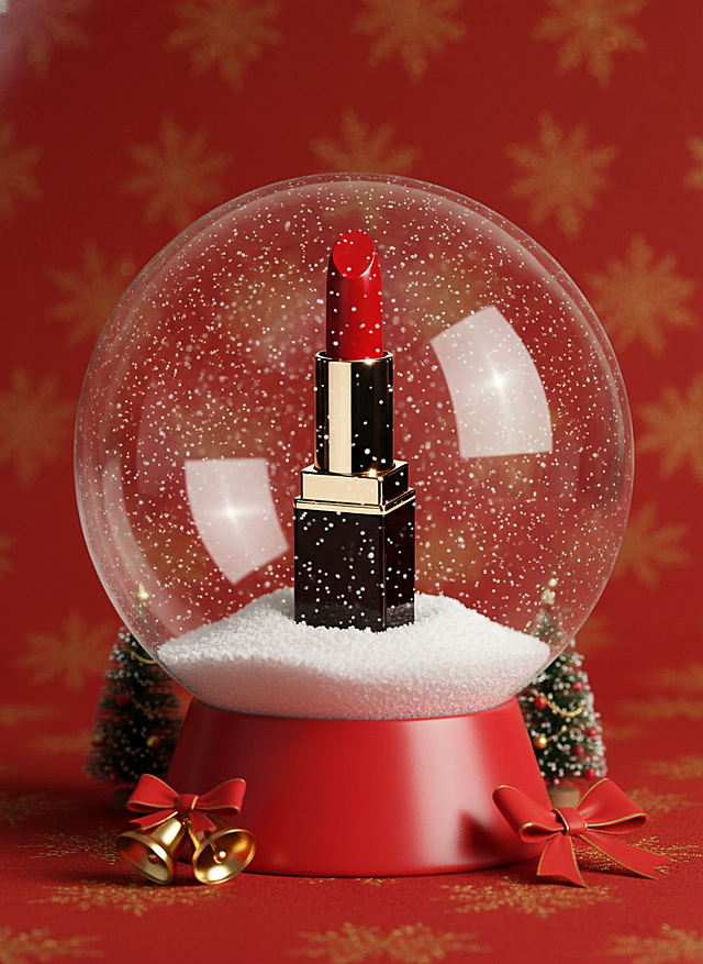 将产品放置于巨大的水晶球中置于中央，突出产品主体，球内有白色雪花飘落，底部积雪，底座为亮红色圆锥形，前面放置圣诞装饰，背景为圣诞风红色。