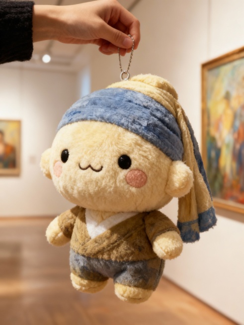 把参考图中的主体人物变成一个变成大的毛绒可爱挂件，一只手把它提起来，背景是画廊。预览效果