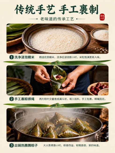 [第6屏] 传统手工包制工艺展示。
[氛围/风格] 传统工艺真实感，质朴烟火气，清晰步骤展示。
[元素布局] 采用三步纵向排版，从上到下依次展示：1) 洗净浸泡糯米，2) 手工裹粽绑绳，3) 出锅热腾预览效果
