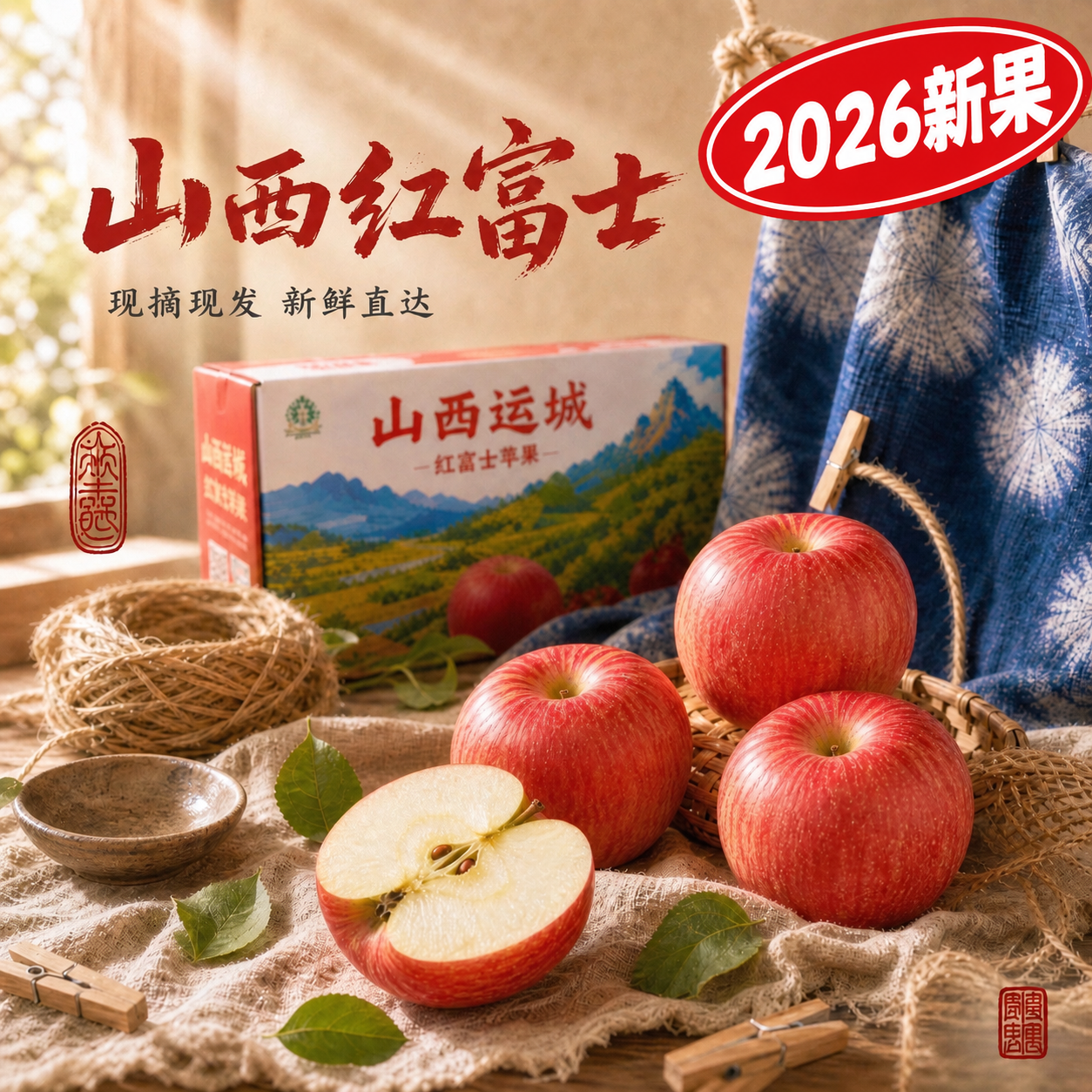 严格保持原图构图、光影、苹果、包装箱、竹篮、布料以及所有原有中… - 图片创意预览