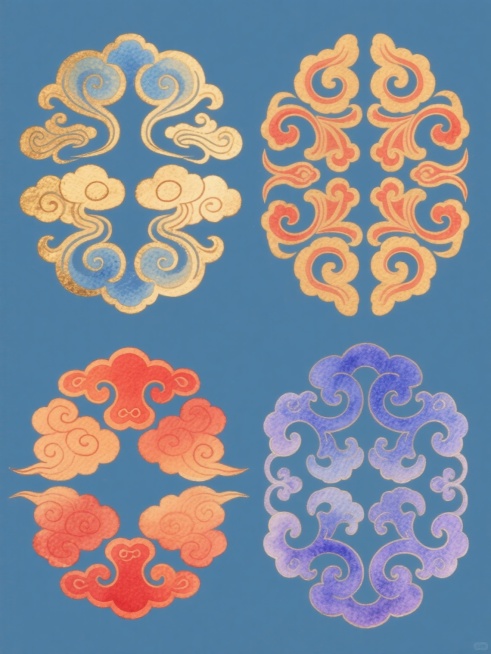 中国传统纹样风格系列素材集合，四组不同元素的对称式云纹图案规整排布，每组图案采用与原图相同的金色、蓝色、红色渐变配色方案但整体色调分别调整为暖金色调、青蓝色调、橙红色调、蓝紫色调，保持原图的水彩晕染质感与细腻笔触，背景为纯色，每个纹样元素形态各异但均遵循传统云纹的卷曲、飘逸特征，整体构图平衡对称，具有浓厚的中国传统文化韵味与装饰美感。预览效果