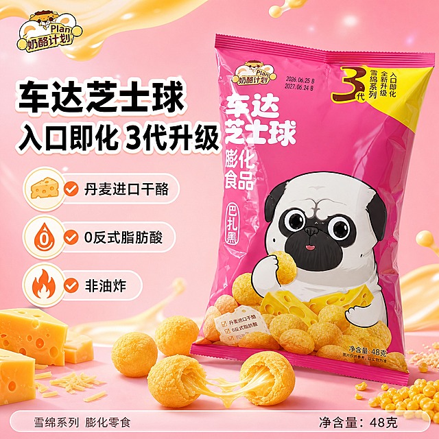 [单张主图] 奶酪计划车达芝士球膨化食品，爆款促销感主图路线，突出芝士浓郁与入口即化的口感，1:1方形电商主图。
[画面主体] 产品包装袋为视觉主体，保持与输入图一致的玫红色包装、巴扎黑巴哥犬IP形象、车达芝士球膨化食品字样、奶酪计划Logo、3代雪绵系列标识、丹麦进口干酪标识、0反式脂肪酸标识、非油炸标识、净含量等全部外观细节；包装袋略微倾斜悬浮于画面中右侧，占画面约55%，完整不裁切。包装袋前方散落若干金黄色芝士球实物，其中一颗被掰开露出绵密内馅，有芝士拉丝效果，增强食欲感。
[构图版式] 采用左文右品标签参数型版式。左侧35%-40%区域放主标题和卖点标签，右侧产品主体悬浮，底部轻量信息条收口。
[场景元素] 背景为渐变的暖粉色到浅粉色，带有柔和的光斑和芝士融化的流动感纹理；画面左下角点缀几块切达奶酪块和少许芝士碎；右下角有少量金黄色玉米粉颗粒装饰；整体干净明亮，突出产品。
[文案版式] 左上角放品牌Logo位「奶酪计划」；主标题分两行：第一行「车达芝士球」，第二行「入口即化 3代升级」，粗黑体大字，白色字带浅橙描边；主标题下方排列3个圆形勾选标签：「丹麦进口干酪」「0反式脂肪酸」「非油炸」，每个标签配小图标；底部半透明浅粉色条带内写「雪绵系列 膨化零食」，右侧标注净含量信息。
[光影质感] 自然暖光从左上斜射，包装袋有真实塑料膜反光质感，芝士球表面有酥脆纹理和诱人光泽，掰开处有绵密拉丝的通透感；产品下方有柔和投影，整体商业摄影质感，高清锐利。
[配色字体] 主色玫红/暖粉，辅助色金黄/奶白，强调色橙黄；字体为粗黑体，主标题最大，标签文字中等，底部文字最小，层级清晰。
[比例分辨率] 1:1比例，2K高清，文字清晰可辨，产品细节锐利。
[负向提示词] 禁止出现正品保证、破碎包赔、包邮、最、第一、顶级等违禁词；禁止变形、错字、糊字、伪Logo、主体遮挡、背景杂乱、低清晰度、手指畸形、人物面部扭曲、水印、平台Logo。