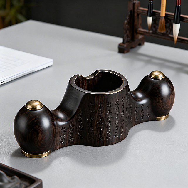 设计书法意境笔筒：造型取自传统笔架山的山字形起伏轮廓，中间筒口设计凹陷用于挂笔，两侧凸起作为笔筒主体容器；材质为黑檀色实木搭配青铜色金属细节，表面激光雕刻微小书法笔画纹理；适配文房办公场景，摆放在浅灰色桌面，高清写实风格。