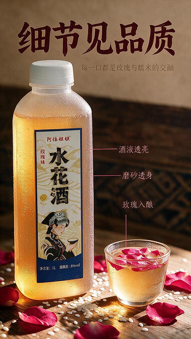 将图中的方形瓶子替换为圆润的圆柱形瓶子（瓶身圆润、肩部圆弧过渡，参考第二张图的瓶形），保持以下所有元素完全不变：
1. 光影：侧逆暖光、瓶身冷凝水珠、酒液通透光泽、桌面光影
2. 场景：木质桌面、正红色玫瑰花瓣、白糯米粒、玻璃小酒杯及杯中玫瑰花瓣、背景民族纹样暗纹
3. 包装标签："阿依妞妞"品牌名、"玫瑰味 水花酒"、苗族少女插画、"净含量:1L 酒精度:8%vol"等所有标签文字和图案
4. 文字排版：顶部"细节见品质"大标题、副标题"每一口都是玫瑰与糯米的交融"、右侧3个引线标注"酒液透亮""磨砂透身""玫瑰入酿"
5. 整体色调和氛围：暖橙棕色调、中式民族风

只改变瓶身形状，从方瓶改为圆瓶（圆柱形、圆润肩部），其他一切保持原样。