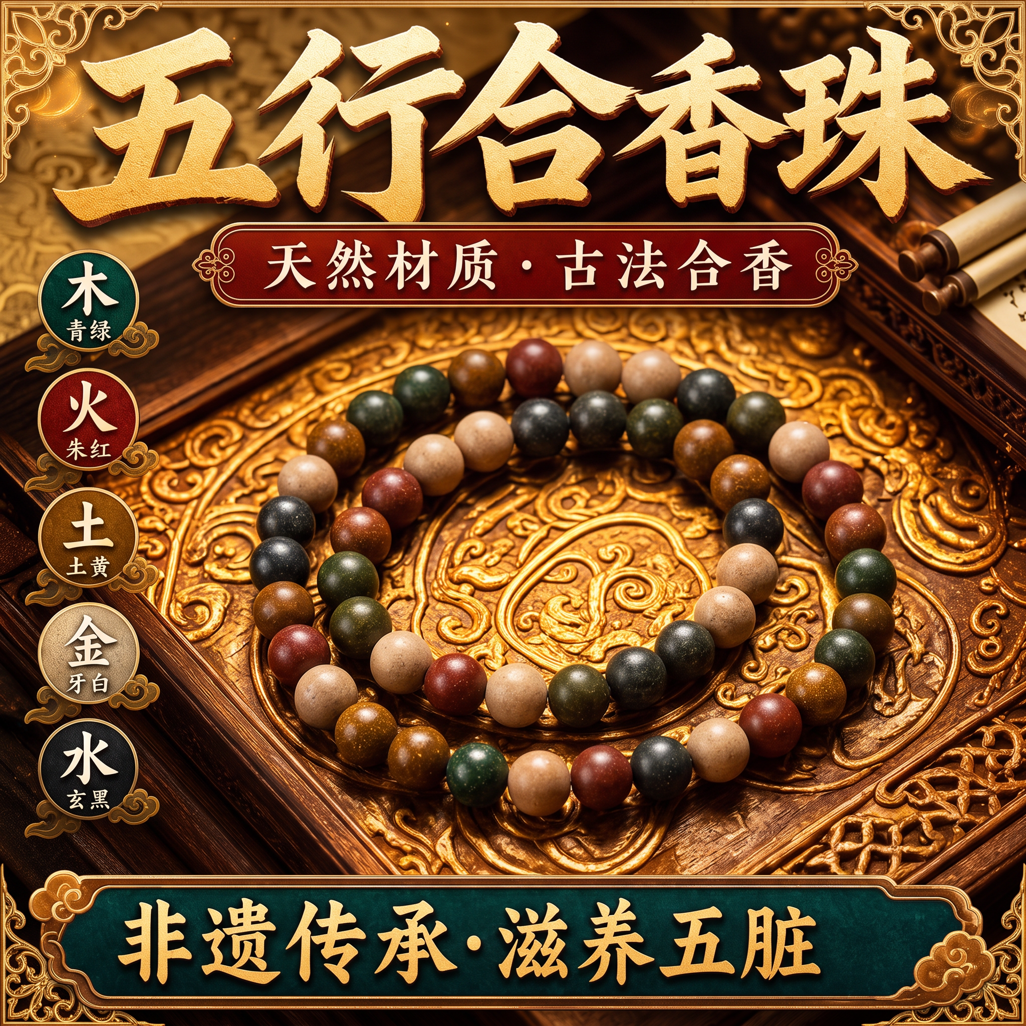 参考图1的国潮古风海报风格，将图2的五行香珠手串重新设计为同款… - 图片创意预览