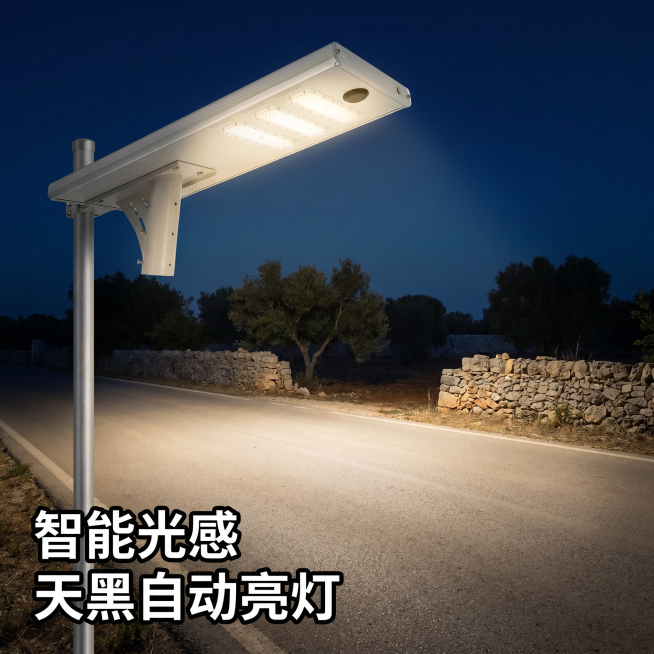 [主图 4] 太阳能路灯夜间亮灯效果展示
[氛围风格] 真实夜间户外场景，突出照明效果
[画质] 商业摄影质感，明暗过渡自然，灯光效果真实，产品清晰。
[元素] 太阳能路灯安装在乡村道路边，展示夜间自预览效果