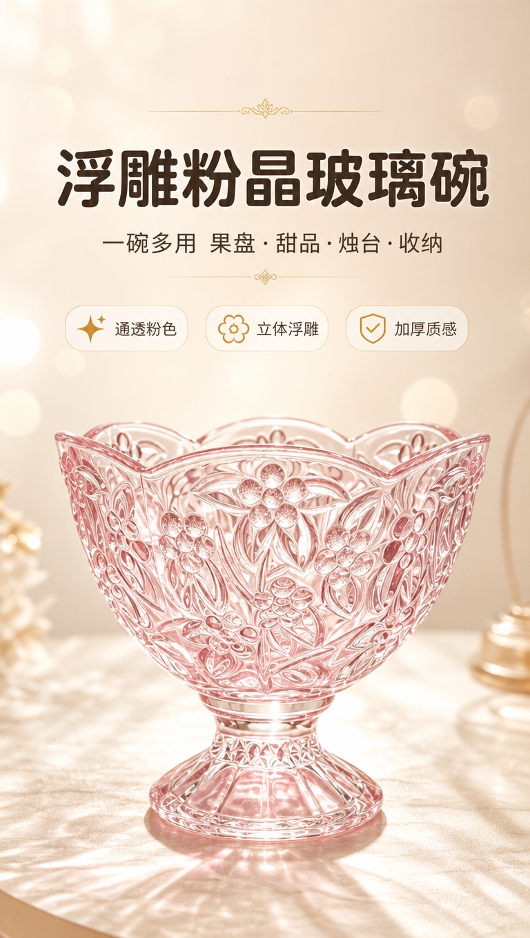 [商品] 使用【图1】浮雕粉晶高脚玻璃碗；保留花瓣形口沿、立体… - 图片创意预览