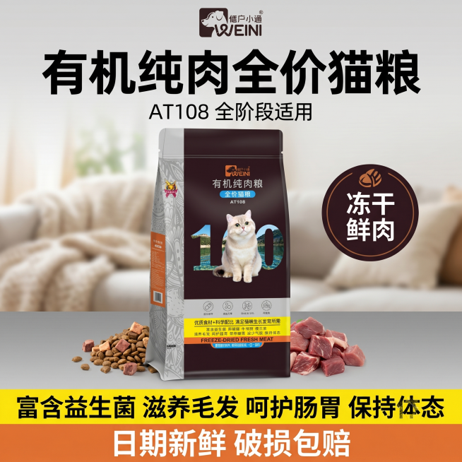 [单张主图] 维尼小镇有机纯肉全价猫粮，爆款促销感主图，同时承载点击理解信任转化全链路任务。
[画面主体] 产品包装居中竖直站立放置，保持产品包装外观、物理结构、材质质感、颜色与输入产品图绝对一致，杜预览效果