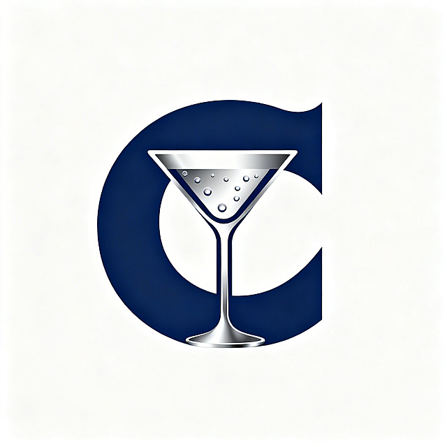 Cutten鸡尾酒品牌logo图标设计，极简几何风格，融合字母C与鸡尾酒杯轮廓，运用布尔运算构建，深蓝色搭配银色，和产品包装风格统一，矢量图形，白色背景，中心对称构图，现代简约，凸显清爽气泡酒品牌调性