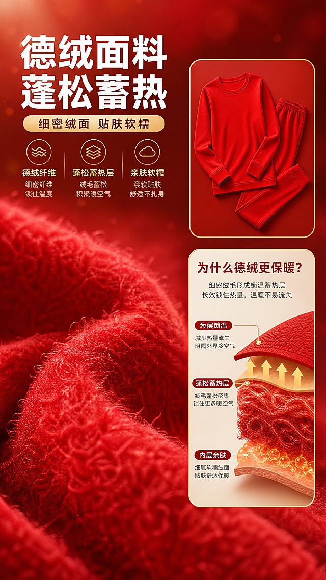 [商品] 使用【图1】中的红色德绒保暖秋衣秋裤套装作为参照；商品处理：保留本命年正红颜色、德绒绒面质感与无痕一体织边缘，面料微距须放大呈现细密蓬松的德绒绒毛纤维；自然增强绒面纹理与织物厚度感，不改变产品颜色、材质外观与结构；不出现人物、模特或人体局部。
[画面] 页面目标：讲清德绒面料为什么暖；构图骨架：左侧大面积面料微距特写占画面约55%，右上方叠放产品全貌小图，右下方放纤维蓄热结构剖面示意卡；微距景别俯拍；阅读动线由左微距到右信息卡；前景为绒面纤维极近特写，中景为面料褶皱起伏，后景为虚化的暖红渐变与暖光颗粒，形成3层空间；无模特。
[视觉] 套系策略：风格=中国红节日质感商业静物实拍；标题字=现代黑体粗体；正文字=细黑体；主色=本命年正红；背景延展=正红深浅渐变与暖白米绒感织物纹理；强调色=暖金，仅用于小面积图标、引线、标签；标题色=暖白与正红叠加；正文色=暖深灰；组件=圆角暖白信息卡、细金线引线、圆角标签；光影=左上暖柔光加侧逆轮廓光。
[文字] 左上主标题「德绒面料 蓬松蓄热」，副标题「细密绒面 贴肤软糯」，3个短信息点「德绒纤维」「蓬松蓄热层」「亲肤软糯」；文字横向排版，避开微距主体。
[规格] 图片比例9:16竖版，4K，避免人物、手部、平台Logo水印二维码、变形、错字、文字过小、冷蓝或冷灰成为主色、竖排文字。