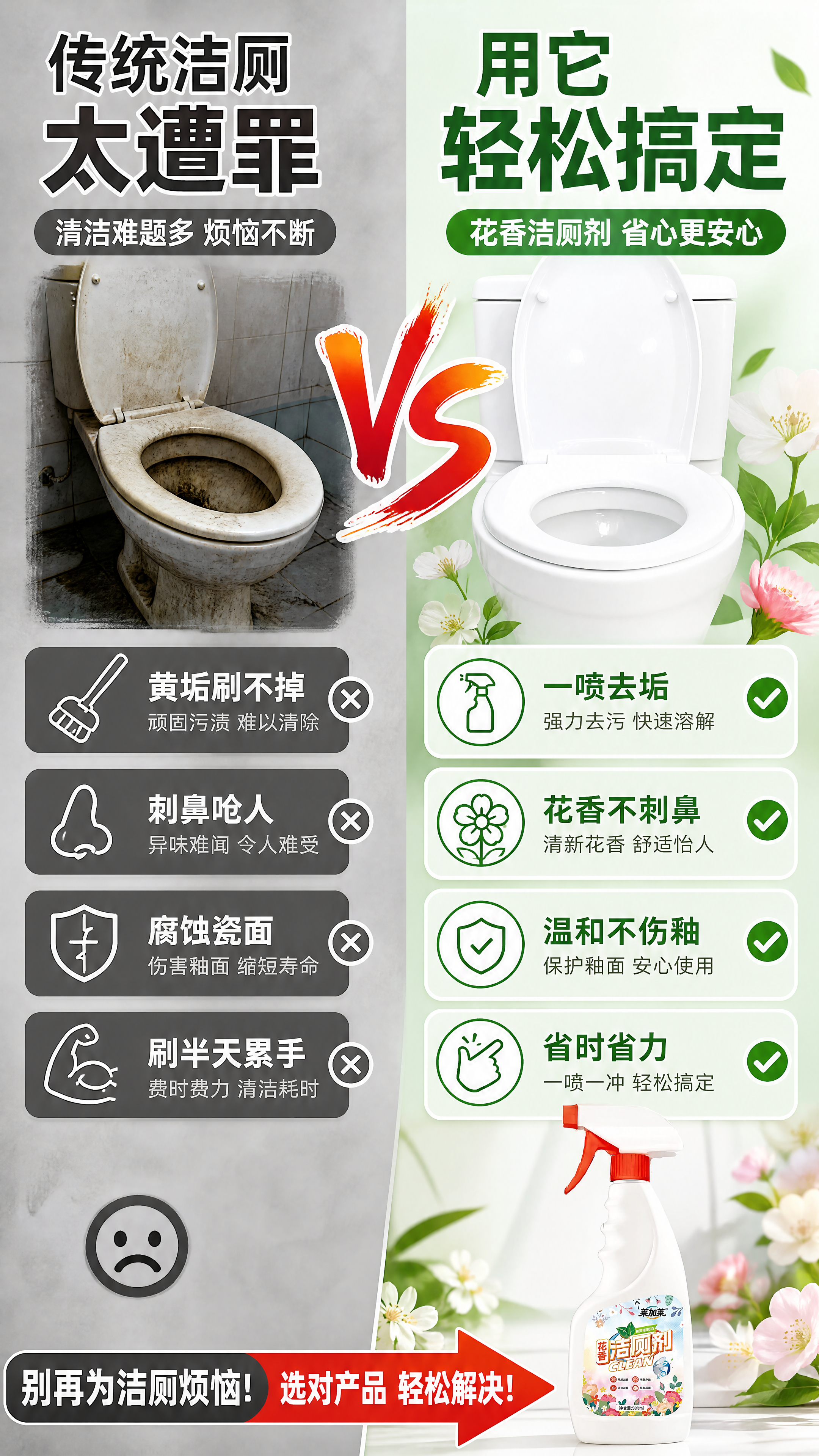 [第2张] 痛点对比页-传统洁厕难题 vs 花香洁厕解决方案。… - 图片创意预览