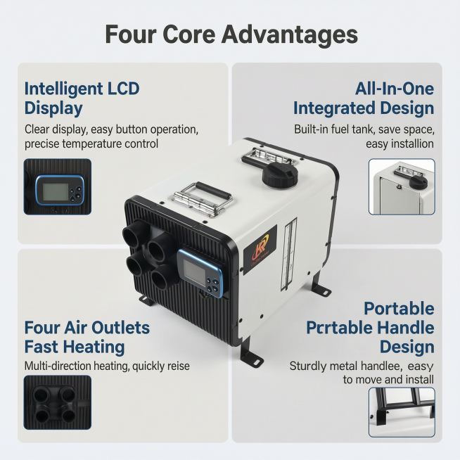 [第4屏] 本屏功能定义：30kw Parking Water Heater - four core features display page.
[氛围/风格] modular clean desi预览效果