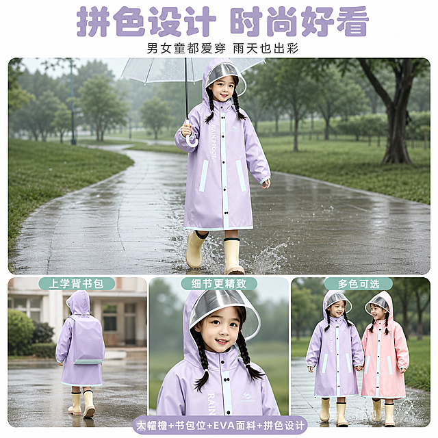 [主图-4] 儿童雨衣拼色设计多场景展示图。
[氛围风格] 清新活泼亲子感 多场景真实使用 时尚好看 安全可信。
[画质] 商业摄影质感 光线柔和通透 产品清晰真实 画面干净高级。
[元素] 画面采用一大三小宫格版式 主大图展示一位东亚小女孩身穿淡紫色拼浅薄荷绿儿童雨衣 撑着透明小伞 开心地走在雨后公园的小路上 水花轻溅 充满童趣 展示拼色设计的时尚外观。下方三个小宫格从左到右：第一格展示小女孩背着书包穿雨衣上学的背影 展示书包位+拼色侧面效果；第二格展示雨衣正面细节 大帽檐透明面罩 按扣开合 拼色门襟和口袋的精致设计；第三格展示小女孩和小伙伴一起在雨中玩耍的场景 两件不同颜色的雨衣（淡紫色和另一个马卡龙色）并排 展示多色可选和拼色设计。所有场景色调统一 清新明亮 雨天氛围自然。**保持淡紫色拼浅薄荷绿款雨衣的外观（即物理结构 材质质感 颜色 拼色设计 按扣位置 帽檐形状）与输入产品图保持绝对一致 杜绝任何变形和色差 精细化处理**。主大图产品占比约60% 小宫格产品清晰 画面满屏无边框。画面禁止出现多余的手 多余的手指 畸形手 融合手指 手部扭曲 肢体穿模 人物面部扭曲 关节反折。
[光影] 整体柔和散射雨天光线 主大图光线通透有层次 小宫格光线风格统一 雨衣表面有湿润光泽 整体光比舒适 无硬阴影 清新明亮。
[配色] 主色淡紫色+浅薄荷绿（雨衣拼色）；辅色草地绿 天空浅灰蓝 雨靴米黄色；强调色白色文字 透明雨伞点缀。
[视角构图] 大小宫格错落布局 主大图在上 三小图在下 视角丰富有变化 正面 背面 细节 互动场景全覆盖 整体构图饱满有节奏。
[文字版式] 顶部居中大标题"拼色设计 时尚好看" 圆润粗黑体 淡紫色 最大号；副标题"男女童都爱穿 雨天也出彩" 约半高 深灰色细体。下方三个小宫格上方分别标注短标签："上学背书包""细节更精致""多色可选" 圆角小标签 浅薄荷绿底白字。底部圆角胶囊标签"大帽檐+书包位+EVA面料+拼色设计" 淡紫底白字 居中。所有文字清晰可读 不遮挡人物脸部和雨衣主体。
[输出要求] 1:1比例 文字清晰锐利 超高清商业摄影质感。
[负向提示词] 变形 文字错乱 产品图模糊 背景杂乱 水印 电商平台Logo 多余手指 手部畸形 面部扭曲。