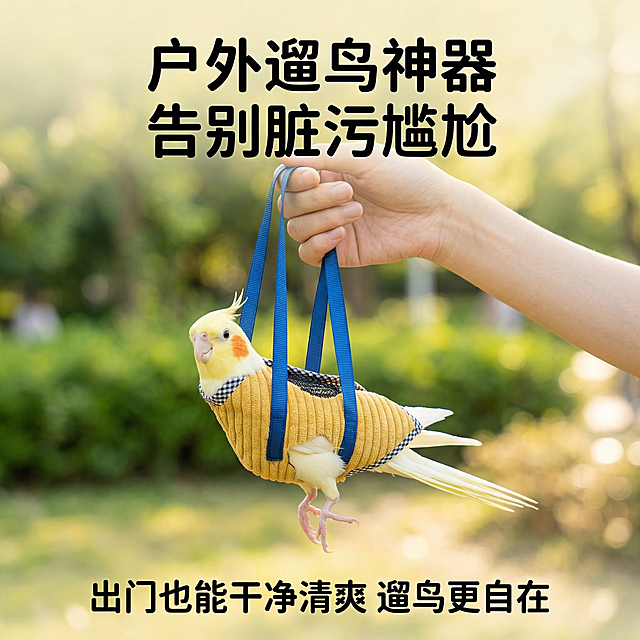 1:1竖版电商主图，治愈系养宠实用风，严格还原鹦鹉遛鸟袋的所有细节和产品尺寸比例，产品与场景协调无突兀感。主视觉：户外公园场景，手提着穿黄色遛鸟袋的玄凤鹦鹉，背景为绿植、阳光，营造轻松遛鸟的氛围感，突出产品的户外使用场景。主标题："户外遛鸟神器 告别脏污尴尬"，副标题："出门也能干净清爽 遛鸟更自在"，文字采用圆润无衬线字体，颜色纯黑，主标题居上居中，副标题居下居中，排版融入场景，整体风格清新治愈，高清质感。禁止修改产品造型或颜色；禁止场景比例失调；禁止鹦鹉形象失真；禁止产品与场景比例失调；禁止添加无关元素；禁止风格割裂。