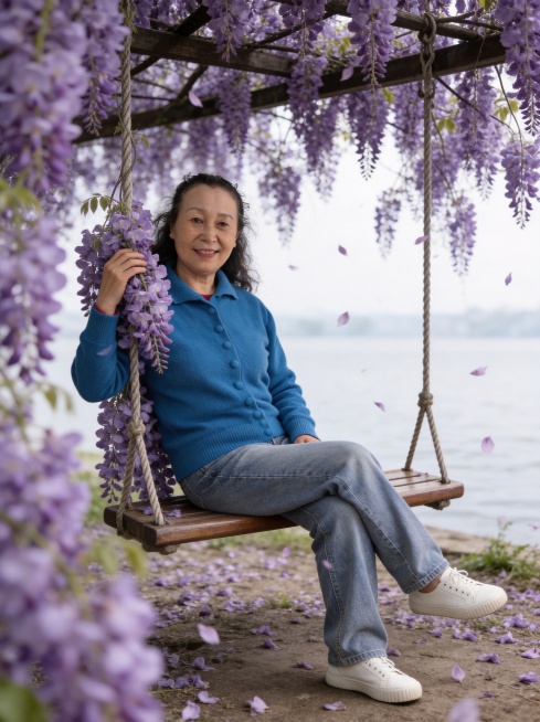 重新生成中年女性春日紫藤花打卡主题写真，仅保留参考图1人物脸型、年龄等特征，电影叙事故事感，胶片颗粒质感，自然清灰冷调；真实自然中老年皮肤纹理，自然蓬松黑色卷发；微笑面对镜头，身体轻靠紫藤花秋千椅，单预览效果