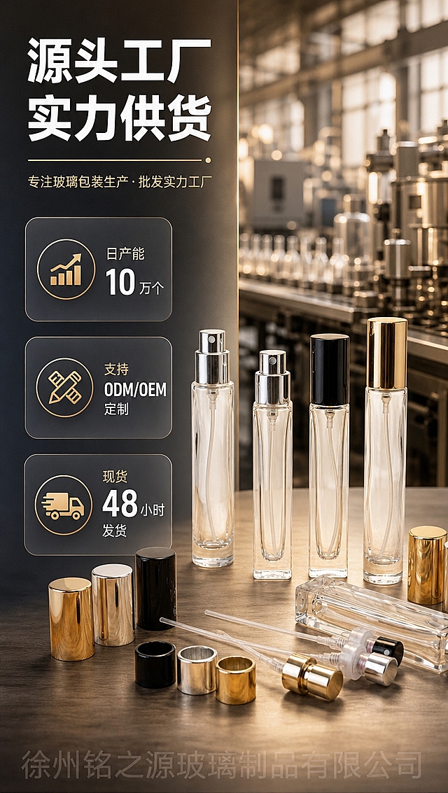 [商品] 使用【图5】多SKU香水瓶全家福；保留所有瓶型、盖色、卡口结构、透明玻璃材质；所有瓶口为卡口非螺口，产品群像清晰。
[画面] 第2张 工厂实力背书页，目标展示B端批发实力，左文右图布局，左侧文字区，右侧产品群像，产品占画面50%，背景为工厂车间虚化（玻璃生产场景剪影，体现源头工厂氛围。
[视觉] 套系策略：风格=1688轻奢工业风商业摄影；标题字=粗黑体；正文字=简洁黑体；主色=暖金+深灰工业调；背景延展=基于深灰工业风做深浅层级、同色渐变和金属/玻璃质感；强调色=香槟金，仅用于小面积图标、引线和标签；标题色=白色/深炭灰；正文色=中暖灰；组件=圆角信息卡、图标+数字标签；光影=左前侧暖柔光。半透明水印「徐州铭之源玻璃制品有限公司」平铺于画面底部。
[文字] 左上主标题「源头工厂 实力供货」，下方3个核心信息带图标：日产能10万个｜支持ODM/OEM定制｜现货48小时发货。文字横排，信息卡式排版，清晰易读。
[规格] 图片比例9:16竖版，4K，负向提示：螺口瓶口、分装操作、变形、错字、文字过小、虚假资质、工厂场景失真。