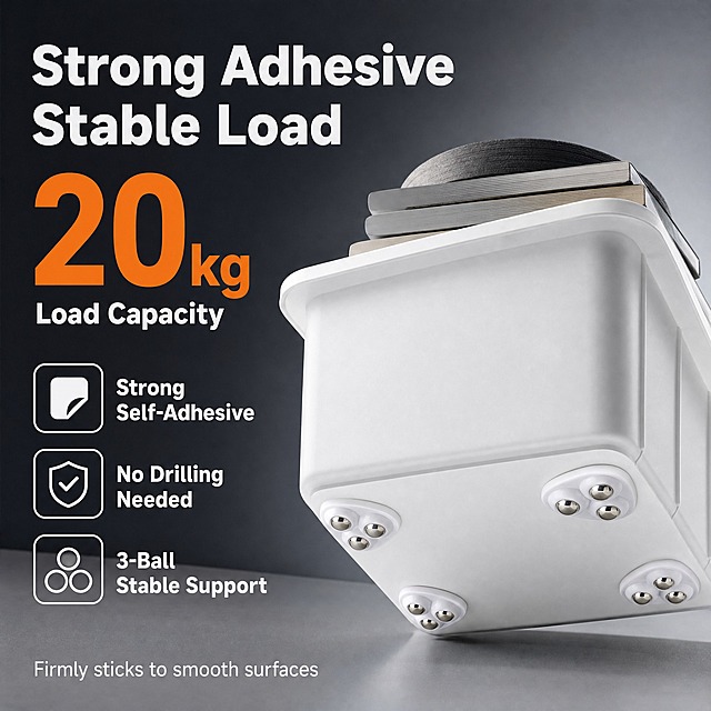 [主图-5] Self Adhesive Caster Wheels 3-Ball Design 强力粘胶承重证明图。
[统一基调] TikTok Shop跨境极简风，深灰到浅灰渐变背景，白色主标题字，橙色强调数字，移动端大字醒目，全套统一无衬线粗体英文字体。
[画面] 画面主体为仰视角度，白色收纳箱底部贴有4颗三角款三珠万向轮，轮子稳稳接触地面，收纳箱内装有重物（隐约可见内部有堆叠物品示意），体现承重。画面左侧大标题 "Strong Adhesive
Stable Load"，标题下方有一个超大号数字 "20kg" 旁边标注 "Load Capacity"。画面右侧三个图标卖点竖排：① 背胶图标 + "Strong Self-Adhesive" ② 盾牌图标 + "No Drilling Needed" ③ 三珠图标 + "3-Ball Stable Support"。底部一行小字："Firmly sticks to smooth surfaces"。产品外观与输入图一致：三角白色底座+三颗钢珠。
[光影质感] 影棚硬光+柔光结合，底部轮子与地面接触阴影真实，收纳箱体积感强，金属钢珠高光清晰。
[配色] 深灰渐变背景，白色主标题，橙色强调数字，浅灰辅助文字。
[文字版式] 左文右图布局，数字超大号醒目，图标+文字竖排左对齐。所有文字为英文，移动端一眼可读。
[输出要求] 比例1:1，产品清晰，承重表达真实不夸张，无变形，无错字，无水印，无平台Logo，无中文，不使用Best/No.1等极限词。
