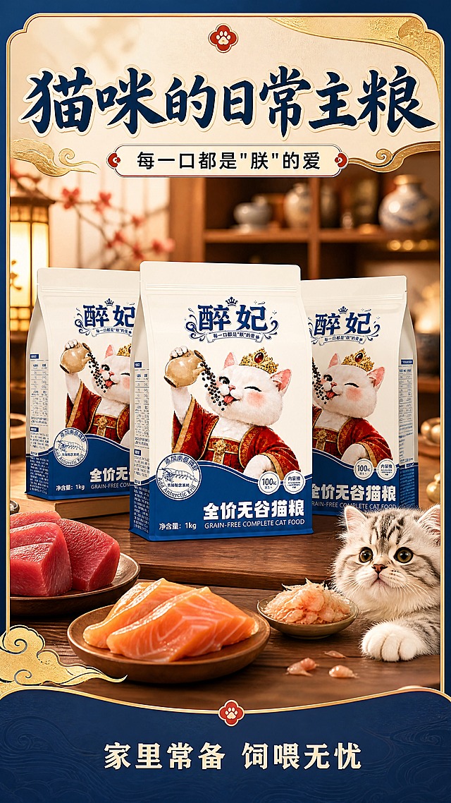 [商品] 使用【图1】醉妃全价无谷猫粮包装作为主体，画面中展示2-3包产品陈列；保留每包包装的所有原貌、颜色和文字。
[画面] 目标：收尾转化页，强化日常主粮定位与囤货常备心智。构图：囤货陈列型，3包猫粮错落摆放在木质台面上，中间一包正面朝前，两侧稍侧转；台面上点缀新鲜食材（金枪鱼肉、三文鱼片、磷虾）与一只可爱小猫爪轻搭台面；背景为温馨居家置物架，虚化处理；≥3层层次（前景猫爪与食材、中景产品陈列、背景虚化置物架）。
[视觉] 套系策略：风格=国潮宫廷萌系商业摄影，食品级食欲感；标题字=国风书法粗体，带轻描边；正文字=圆润无衬线体；主色=藏青蓝 + 暖金；背景延展=基于藏青蓝与暖金做深浅层级、同色渐变、祥云纹理和纸张质感；强调色=朱砂红，仅用于小面积图标、引线、标签和点缀；标题色=藏青蓝；正文色=深炭灰；组件=圆角白底信息卡、细线引线、国风印章式标签；光影=左前侧暖柔光，产品正面受光均匀，氛围温馨。
[文字] 上部主标题「猫咪的日常主粮」，副标题「每一口都是"朕"的爱」；底部一行小字「家里常备 饲喂无忧」；所有文字横排，不遮挡产品主体。
[规格] 图片比例9:16竖版，4K，负向提示：避免包装变形、出现功效类表述、"健康"字眼、极限词、平台名称、杜撰包装、文字竖排、冷色调主导。
