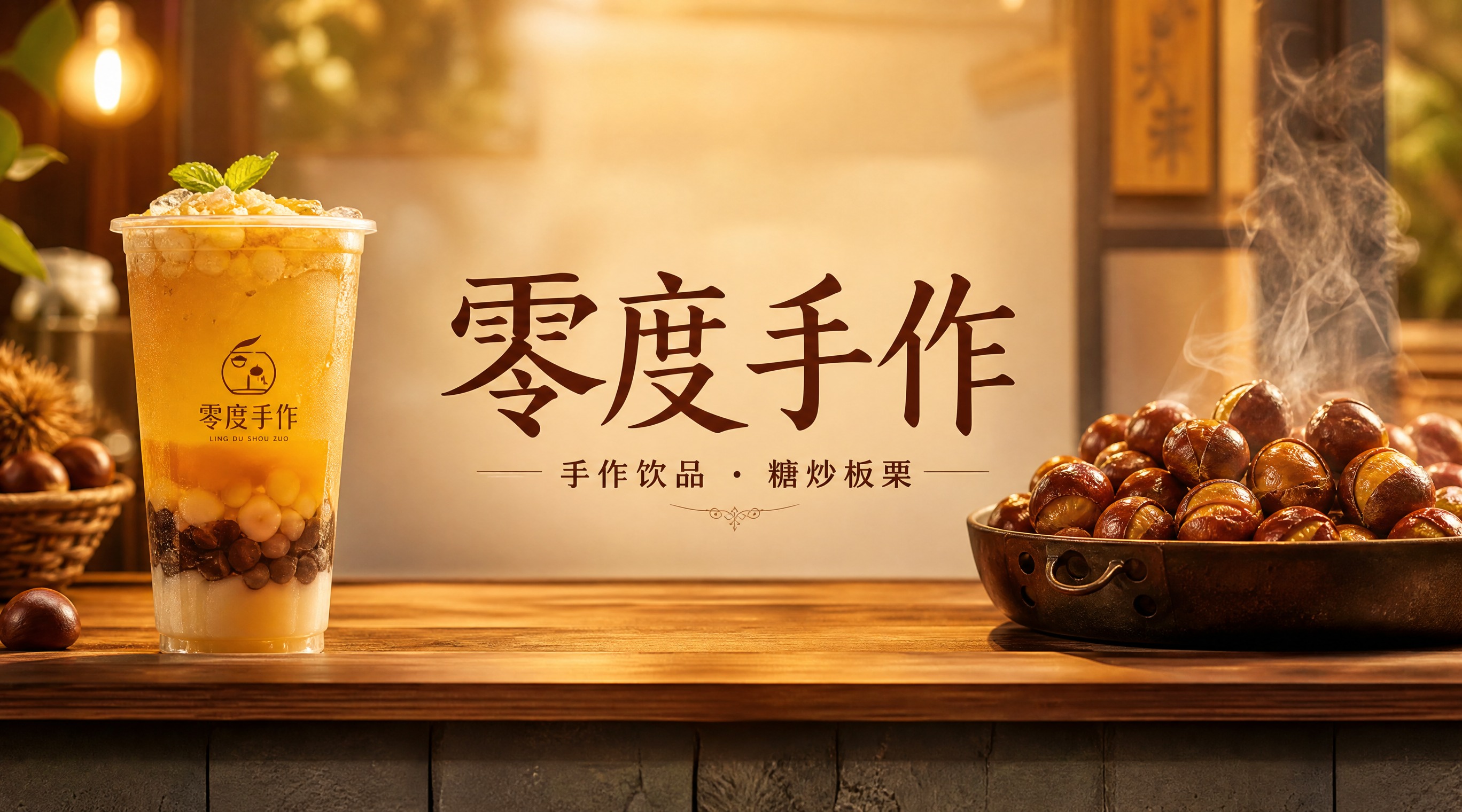 零度手作店铺店招设计，横版构图，画面展示手工饮品和糖炒板栗的精… - 图片创意预览