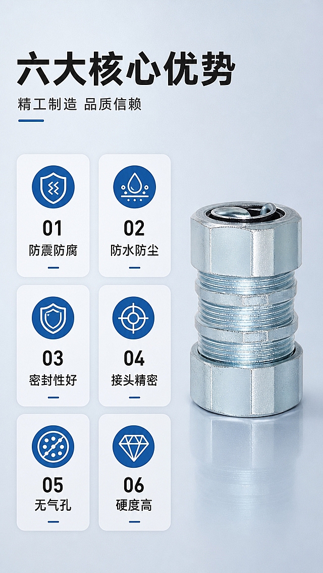[商品] 使用【图1】镀锌六角自固接头；保留六角外形、螺纹结构、镀锌金属银色质感；产品居中偏右展示，占画面35%，做侧视角度，突出螺纹细节。
[画面] 页面目标：核心卖点总览，6大卖点快速传递。构图：左文右图，左侧卖点区占60%，右侧产品区占40%。左侧6个卖点icon卡2列3行排列，每个配小图标。右侧产品竖放居中。背景：浅灰蓝纯色+细微渐变。
[视觉] 套系策略：风格=工业五金专业商业摄影风；标题字=粗黑无衬线黑体；正文字=常规无衬线黑体；主色=浅灰蓝(#E8EEF4)；背景延展=基于浅灰蓝做左右深浅渐变、同色系微质感；强调色=深蓝(#1E6FB8)，仅用于小面积图标、引线、标签和按钮；标题色=深炭灰(#222222)；正文色=中灰(#555555)；组件=圆角卖点卡、蓝色小图标、细线分割；光影=左前侧45度柔光，突出金属反光和螺纹立体感。
[文字] 顶部主标题：六大核心优势；副标题：精工制造 品质信赖。6个卖点卡：01防震防腐、02防水防尘、03密封性好、04接头精密、05无气孔、06硬度高。每个卖点4-6字，配蓝色圆形小图标。文字在左侧卡片内，清晰可读。
[规格] 图片比例9:16竖版，4K分辨率，负向提示：避免变形、错字、文字过小、产品结构改变、颜色失真、背景杂乱。