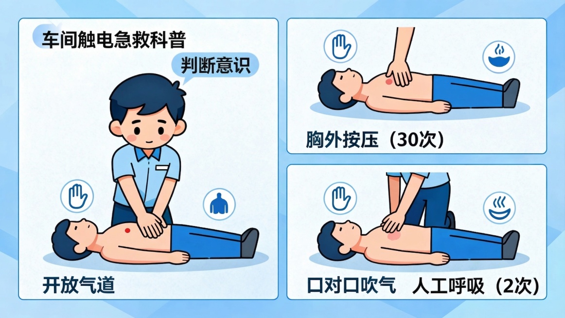 将这张车间触电急救科普图的所有主题绿色替换为蓝色，保持科普内容和版式不变，风格不变预览效果