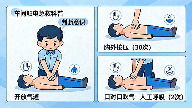 将这张车间触电急救科普图的所有主题绿色替换为蓝色，保持科普内容和版式不变，风格不变