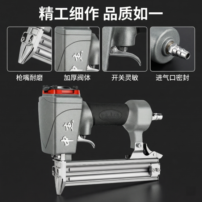 [主图3] 中杰F30G气钉枪细节做工展示图，采用拼接构图：整体侧角图放置下方，上方排列四个局部特写，分别展示枪嘴耐磨、加厚阀体、开关灵敏、进气口密封四个细节，每个特写旁配简洁小标签；顶部居中放置主标预览效果