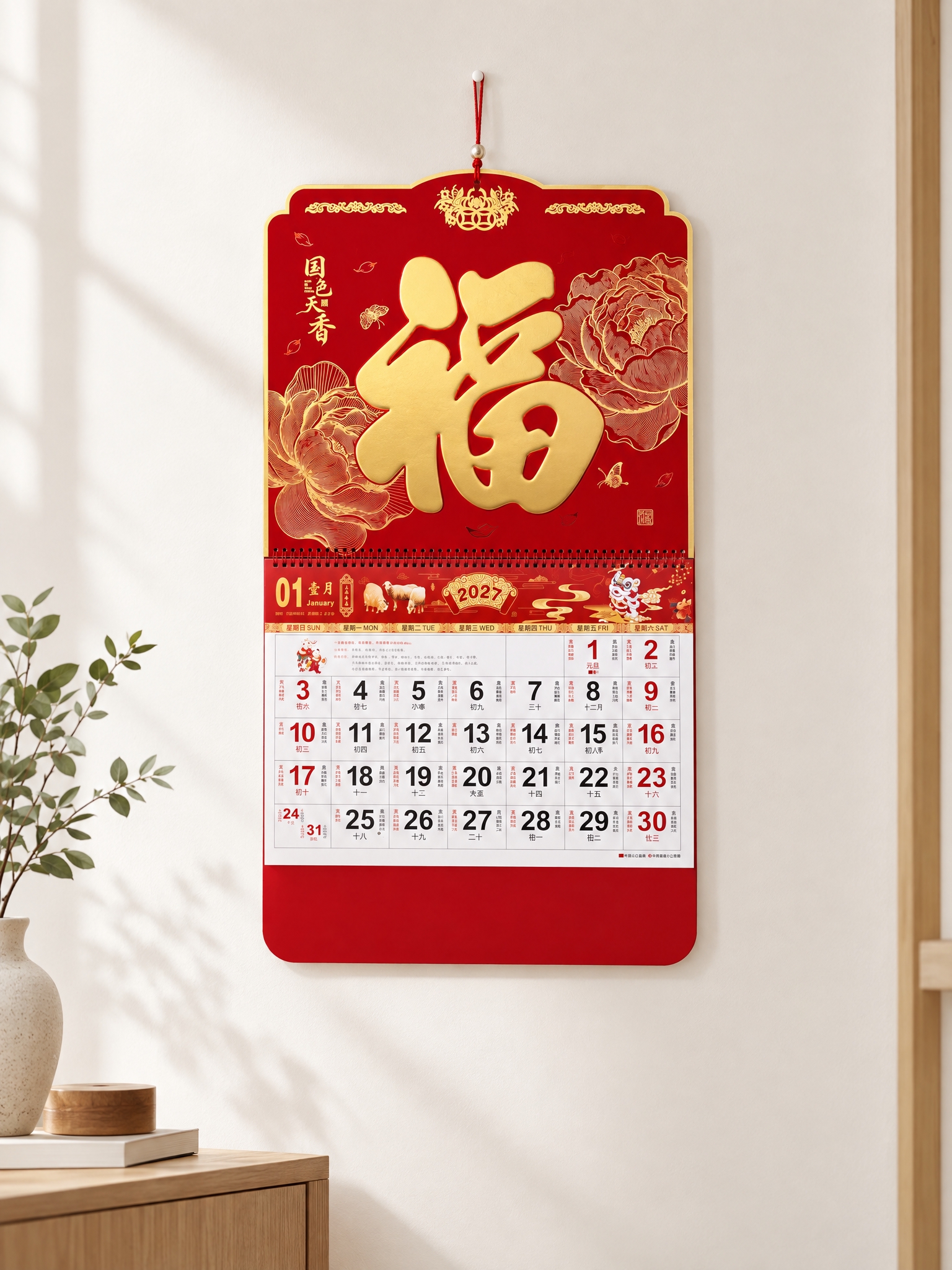 将图中的福字挂历成品完整抠出，挂在简约干净的浅色室内墙面上，呈… - 图片创意预览