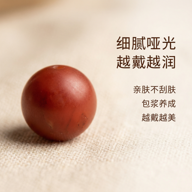 特写放大卡6保山柿子红单颗南红珠子，突出表面哑光柔光质感，展示细腻温润的胶质感，背景虚化浅米色棉麻，保留产品原有色泽。主标题"细腻哑光 越戴越润"，左侧是珠子微距特写，右侧卖点文字"亲肤不刮肤 包浆养预览效果