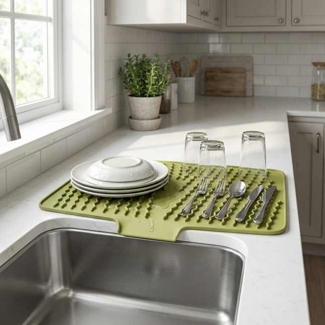 A realistic premium lifestyle product photo of a soft olive green draining mat placed tightly beside预览效果