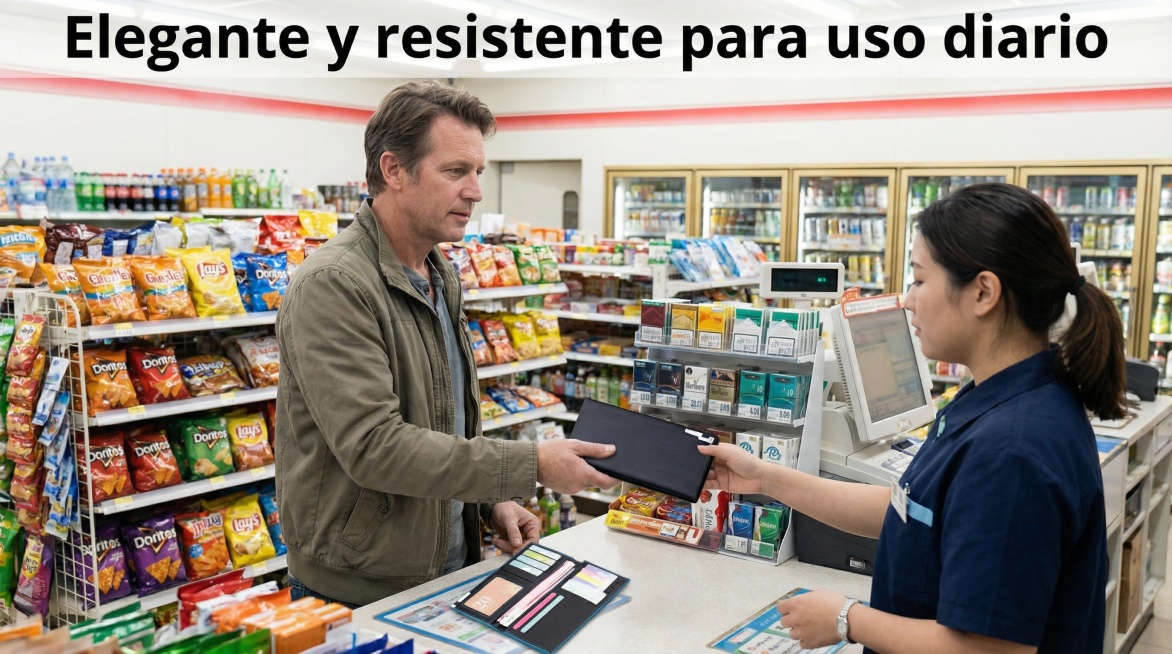 欧美男士在便利店的收银台，正将这款黑色长钱包递给收银员，准备结账，背景是货架满满的便利店，画面配有西班牙语文案 "Elegante y resistente para uso diario"预览效果